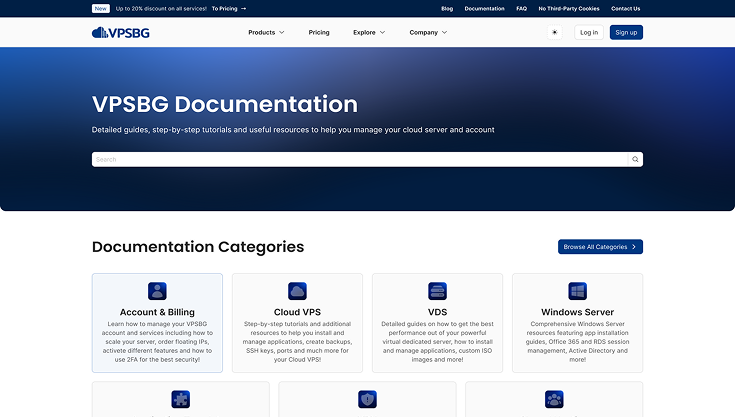 VPSBG documentation homepage with guides and categories